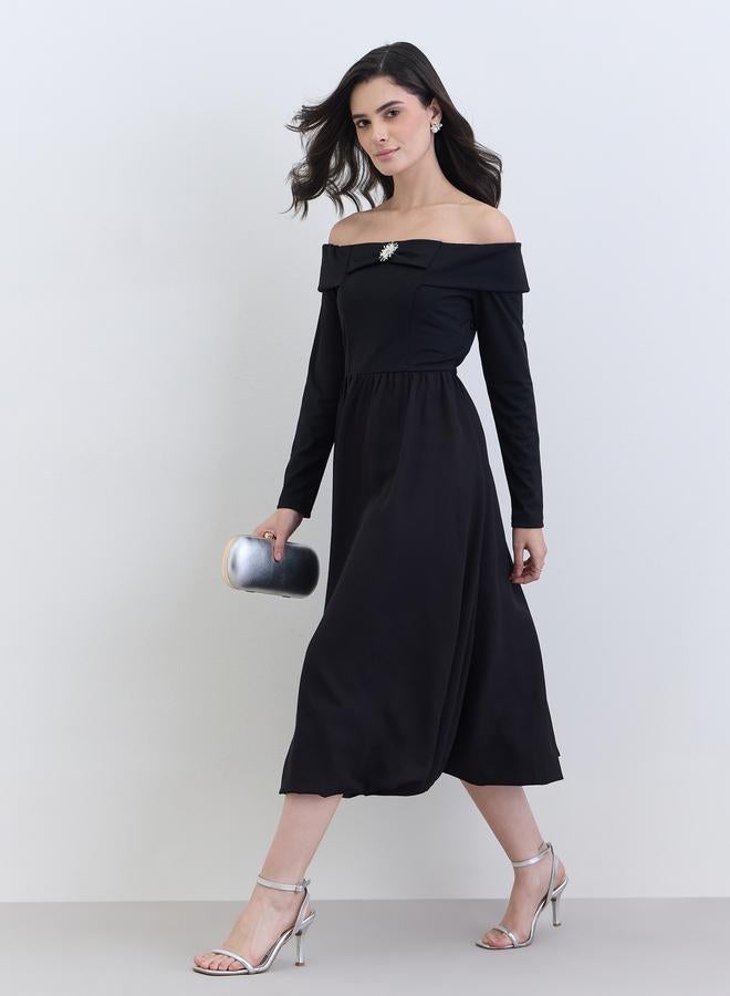 Styli Women Black Off-Shoulder A-Line Midi Dress - Image 2